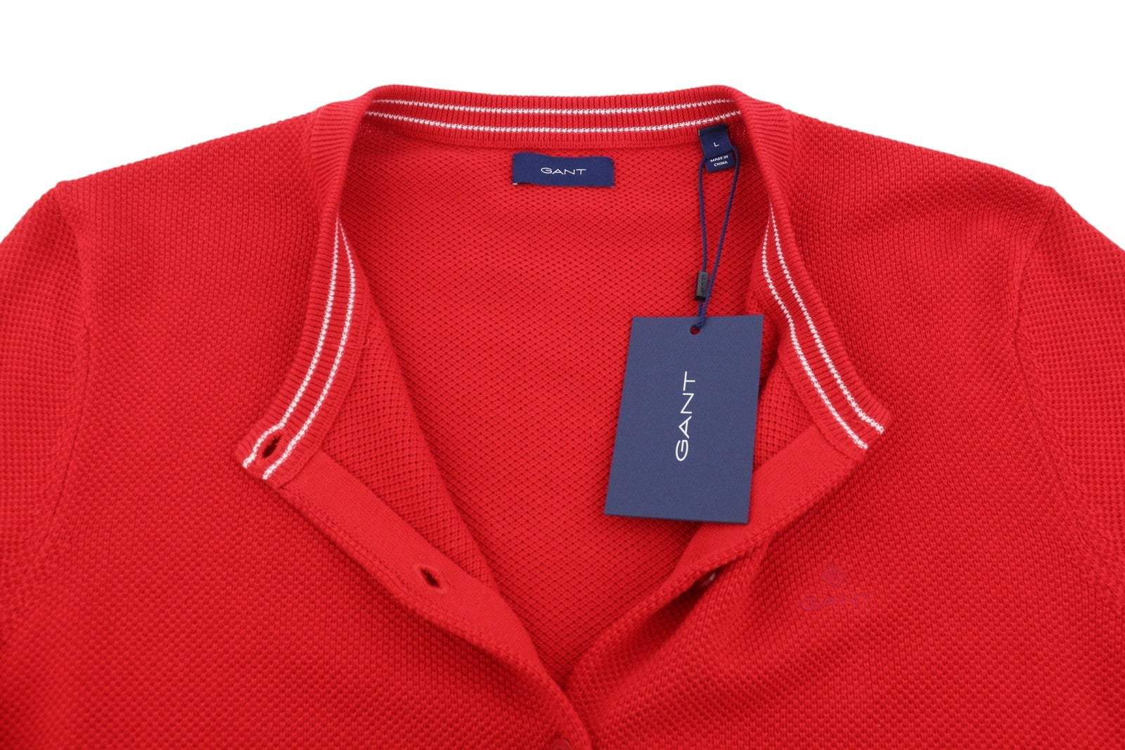 GANT Cotton Pique Cardigan Women Jumper L Bright Red Waffle-Knit Button Stretch