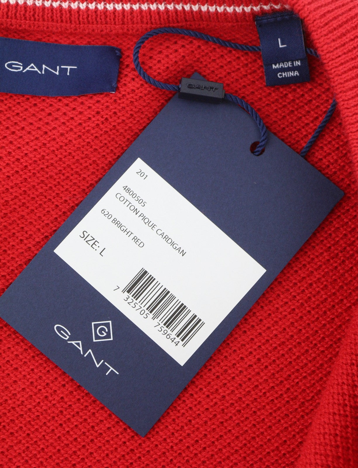 GANT Cotton Pique Cardigan Women Jumper L Bright Red Waffle-Knit Button Stretch