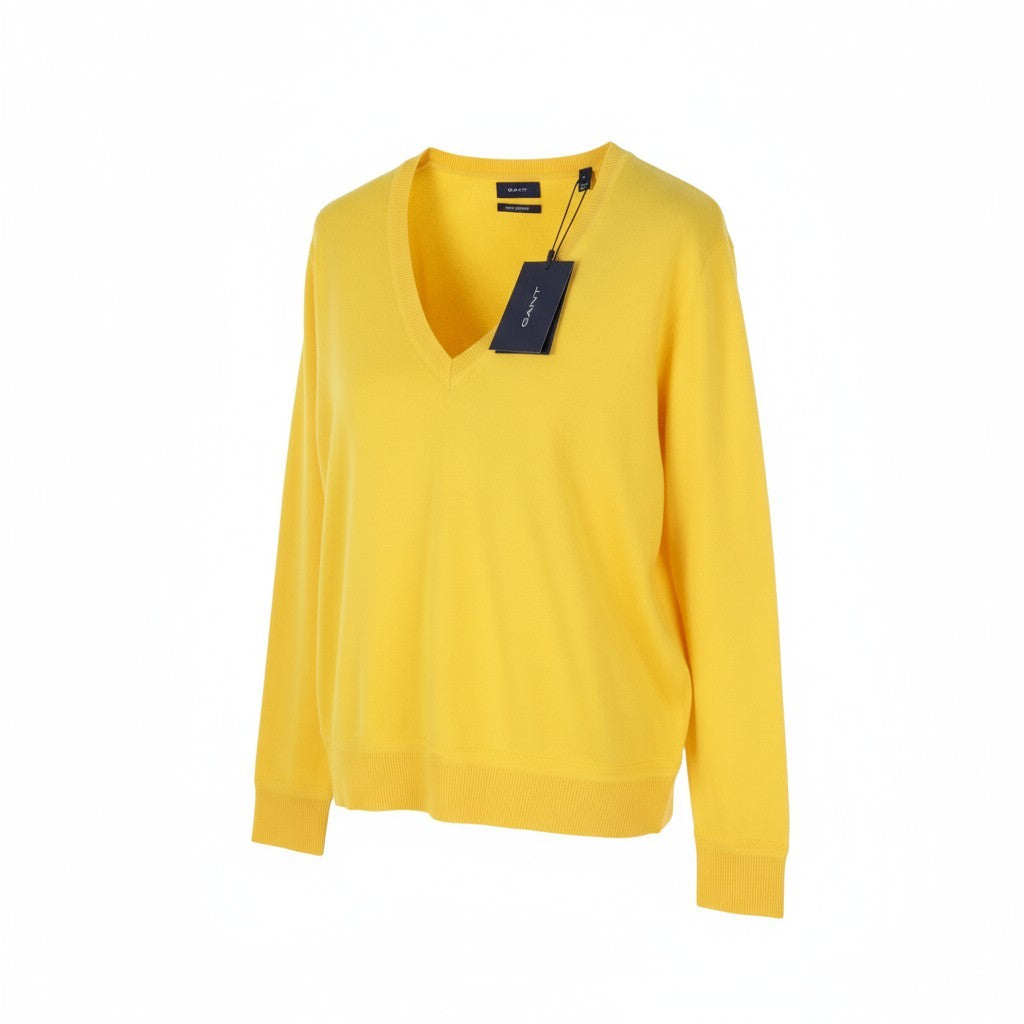 GANT Light Cotton V Neck Women Jumper M Mimosa Yellow Tight-Knit Logo Pullover