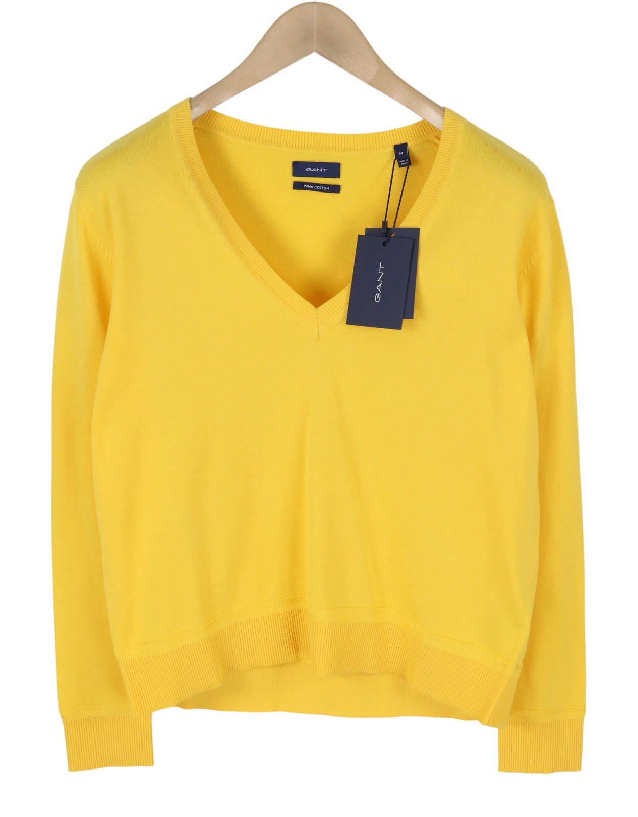 GANT Light Cotton V Neck Women Jumper M Mimosa Yellow Tight-Knit Logo Pullover