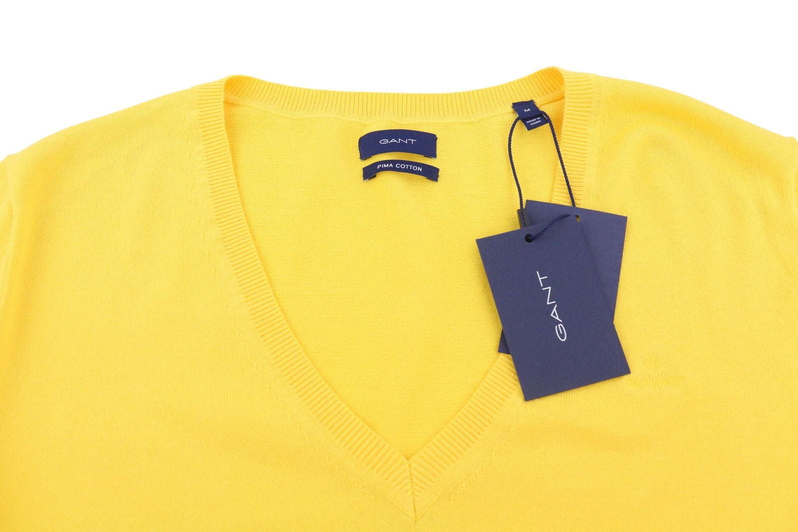 GANT Light Cotton V Neck Women Jumper M Mimosa Yellow Tight-Knit Logo Pullover