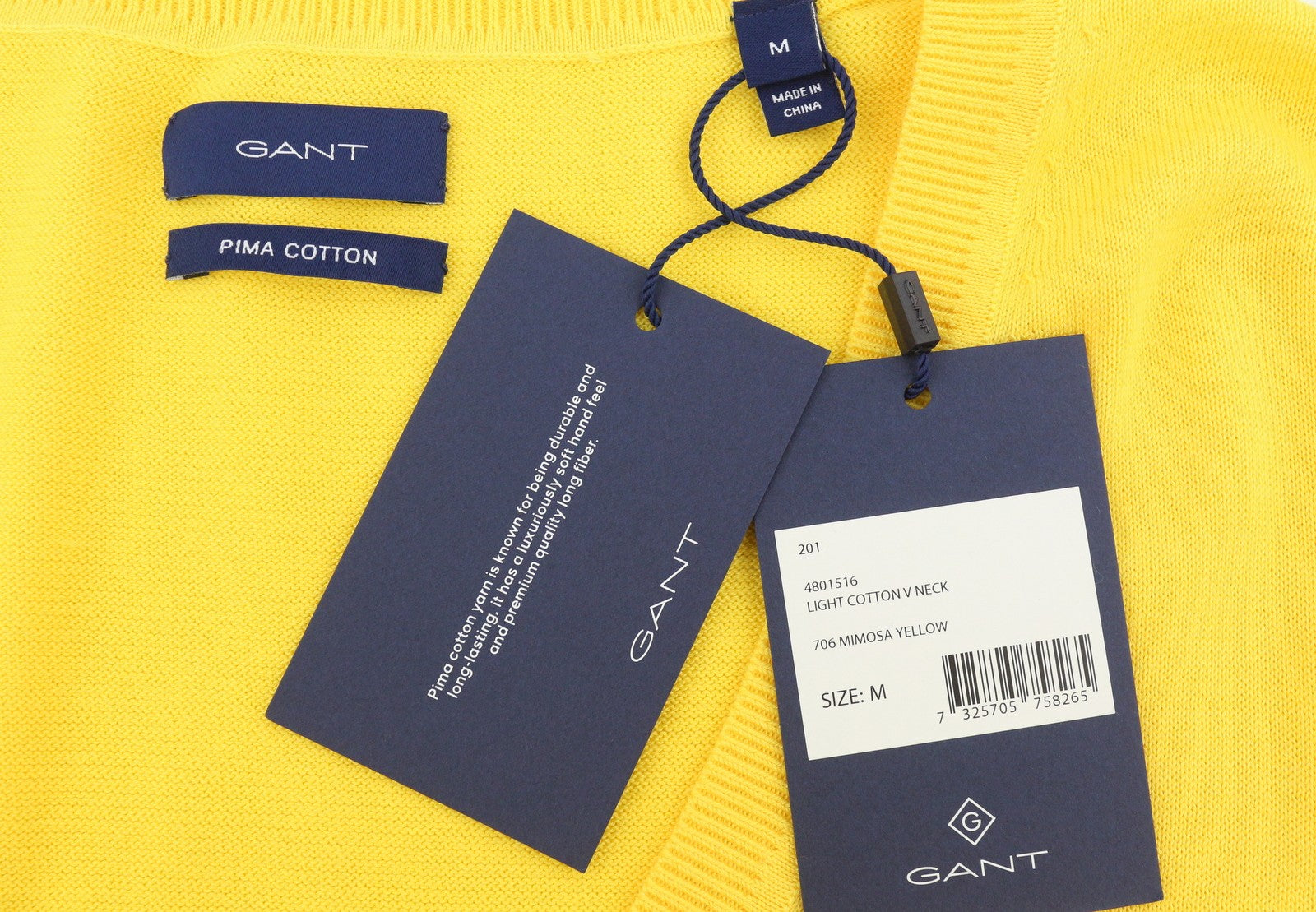 GANT Light Cotton V Neck Women Jumper M Mimosa Yellow Tight-Knit Logo Pullover