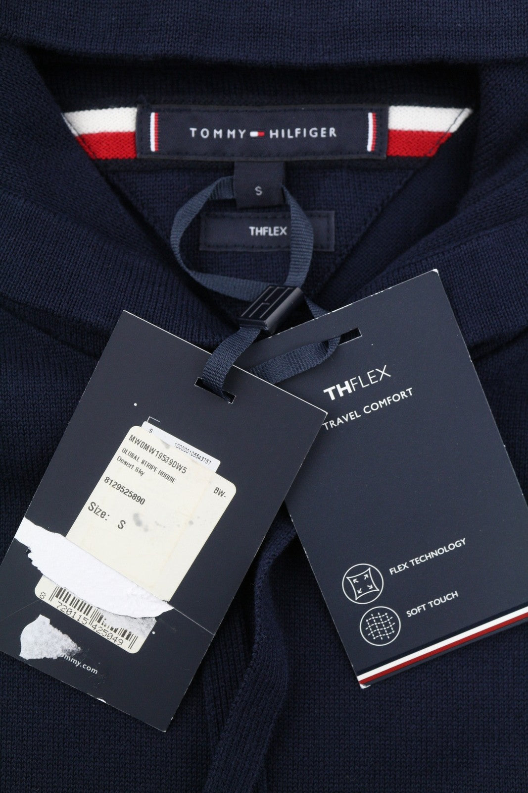 TOMMY HILFIGER THFlex Global Stripe Men Jumper S Travel Comfort Hooded Knit Navy