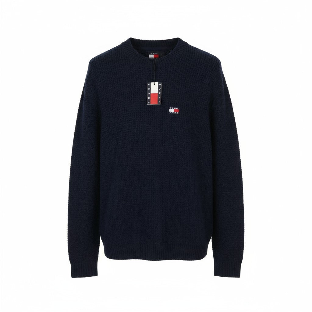 TOMMY HILFIGER Req Waffle Men Jumper XL Navy Wool Blend Knit Crew Neck Pullover