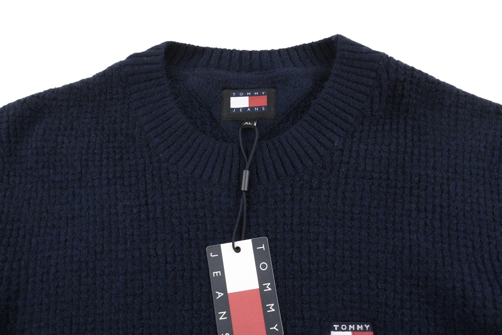 TOMMY HILFIGER Req Waffle Men Jumper XL Navy Wool Blend Knit Crew Neck Pullover