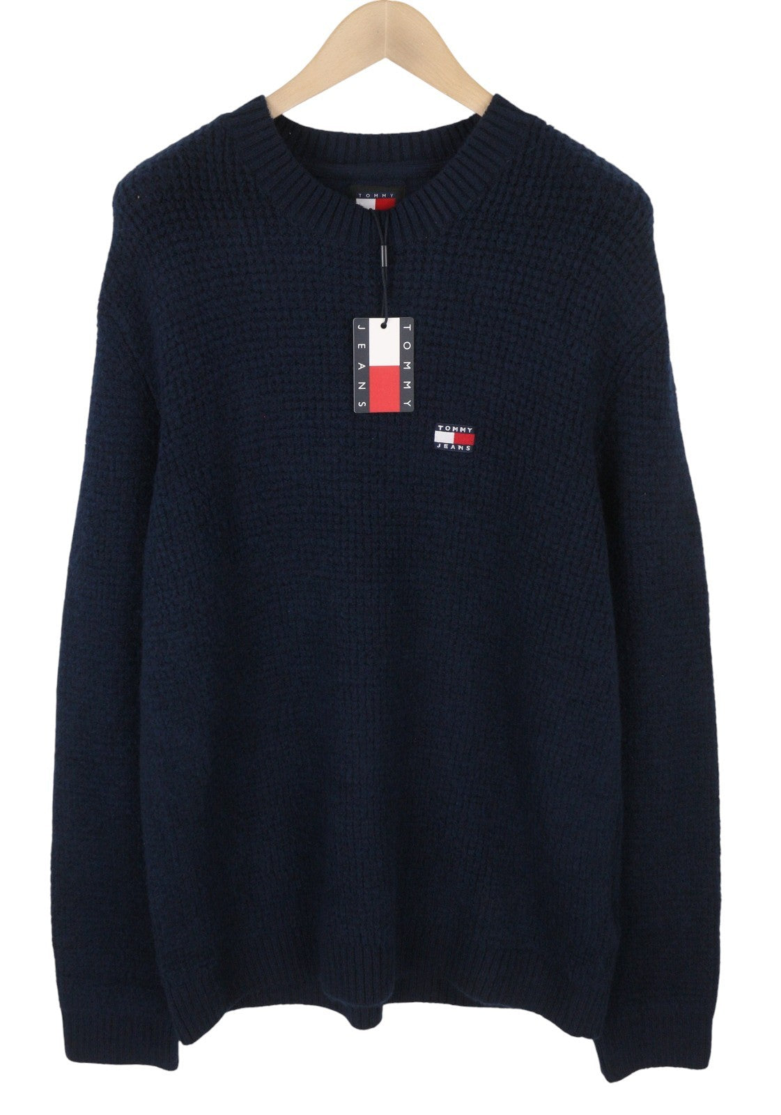 TOMMY HILFIGER Req Waffle Men Jumper XL Navy Wool Blend Knit Crew Neck Pullover