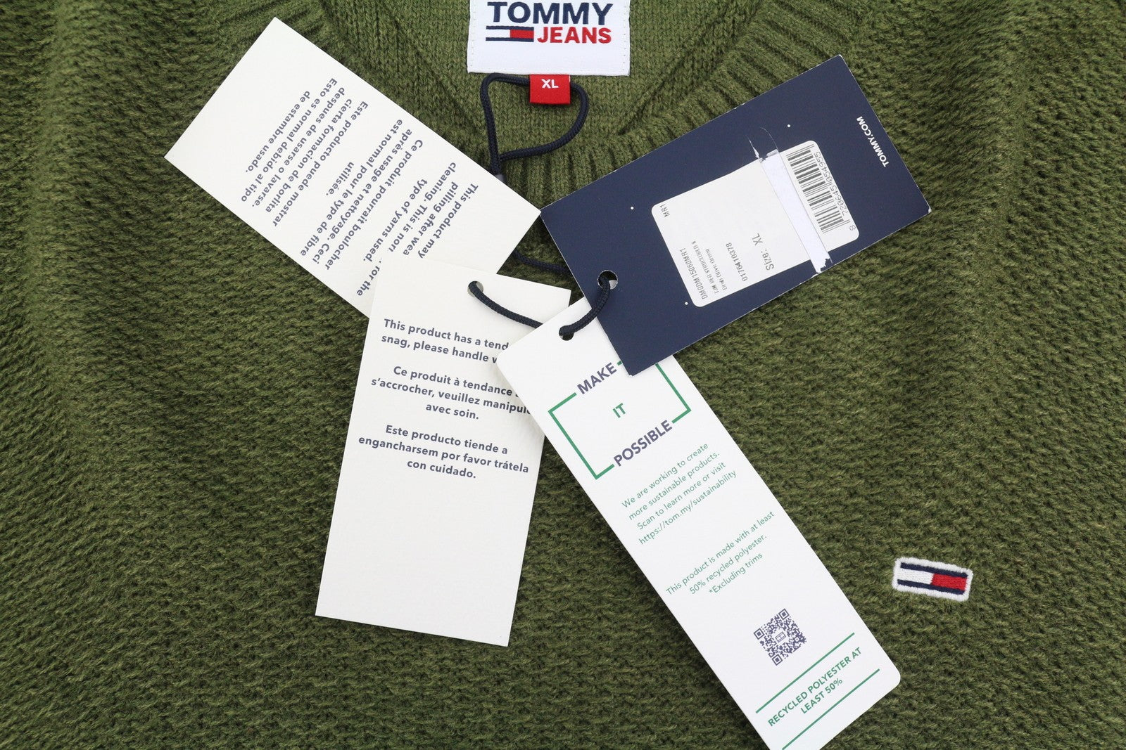 TOMMY HILFIGER Req Structured Men Jumper XL Olive Green Crew Neck Knit Pullover