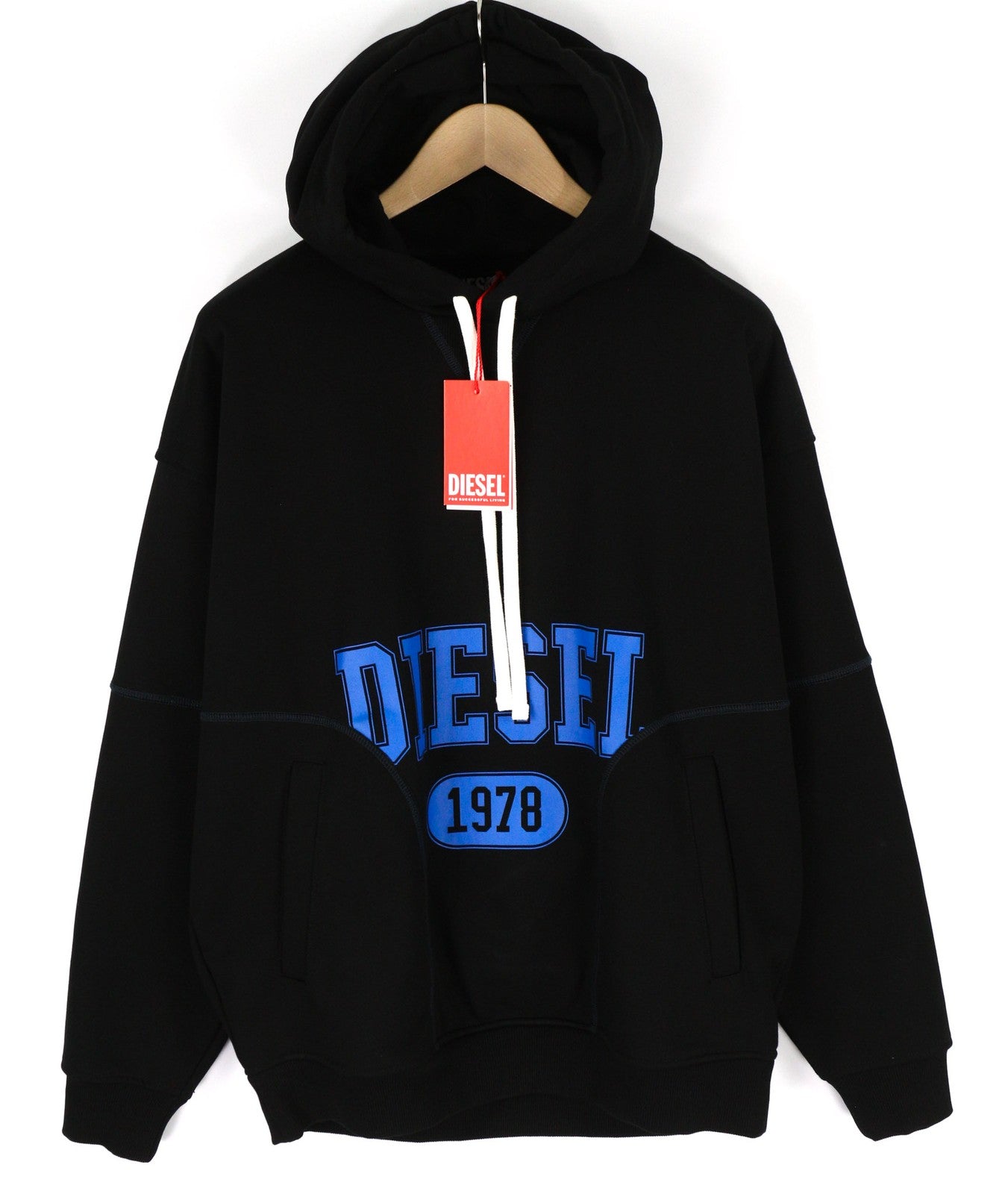 DIESEL S-Muster Men's Hoodie M Black Logo Pullover Hooded Straps Kangaroo RRP150