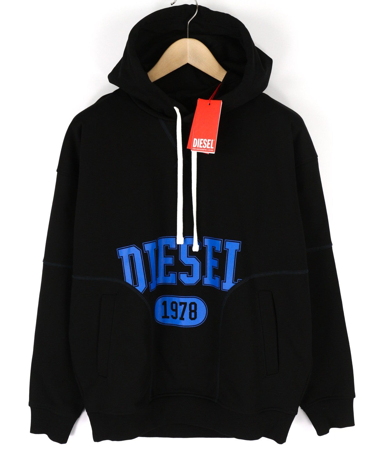DIESEL S-Muster Men's Hoodie S Black Logo Pullover Hooded Kangaroo Pocket RRP150