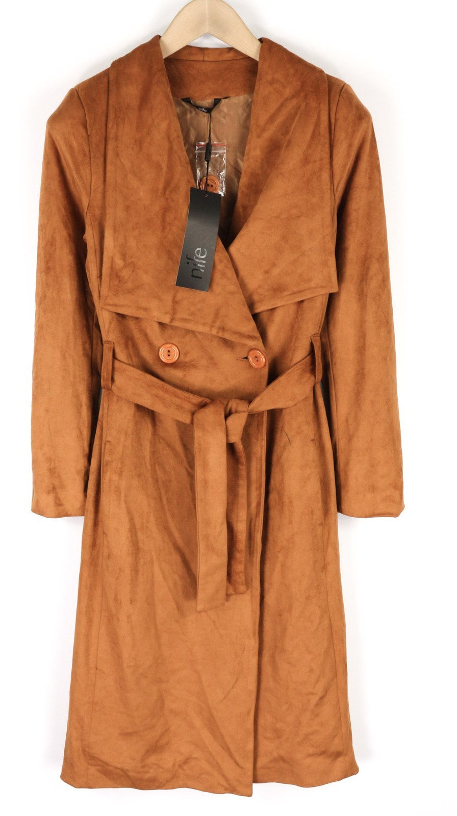 NIFE Women's M Brown Faux Suede Stretch Long Belted Double-Breasted Coat