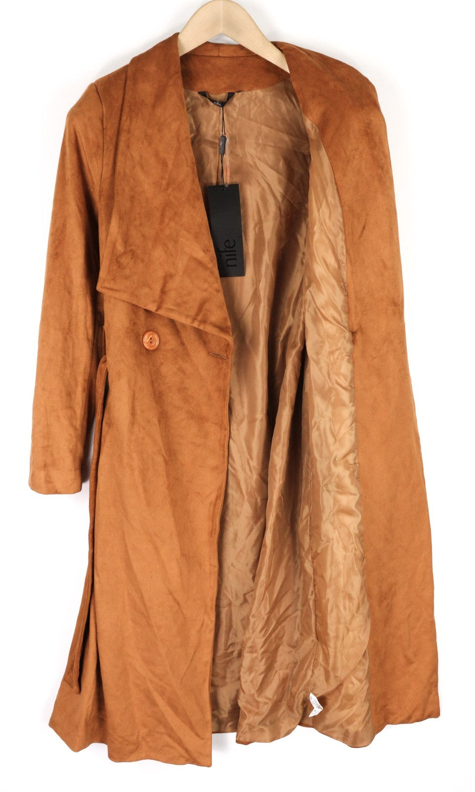 NIFE Women's M Brown Faux Suede Stretch Long Belted Double-Breasted Coat