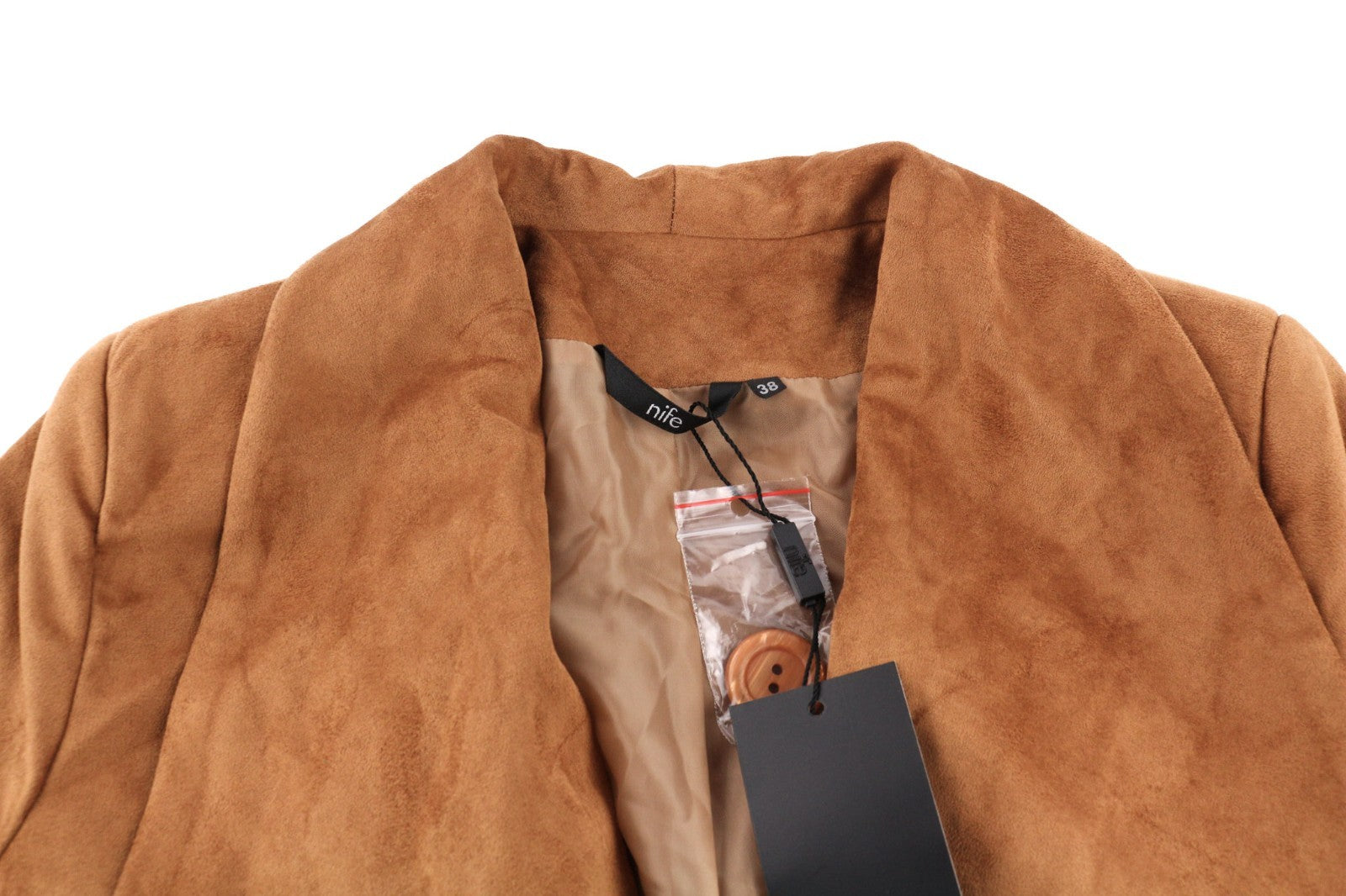 NIFE Women's M Brown Faux Suede Stretch Long Belted Double-Breasted Coat