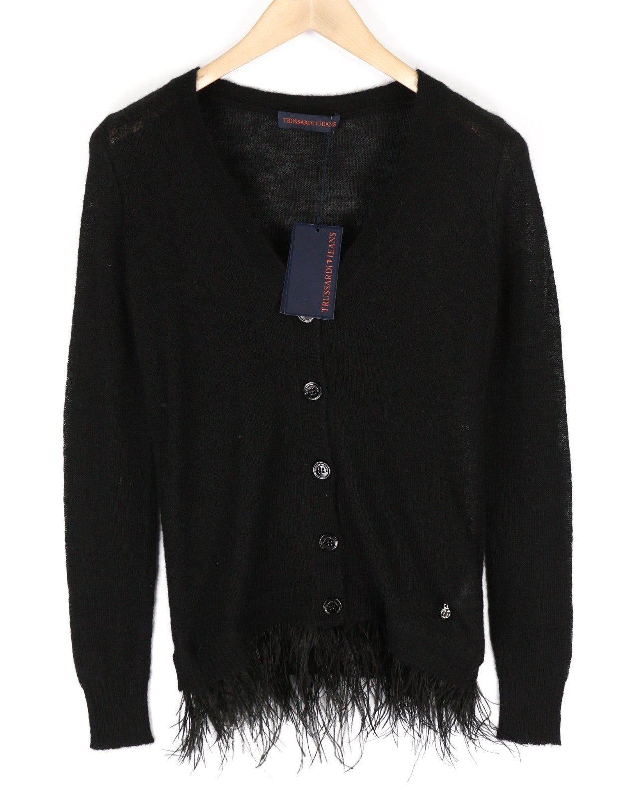 TRUSSARDI JEANS Women's XS Black Alpaca Wool Blend Cardigan Feather Detail