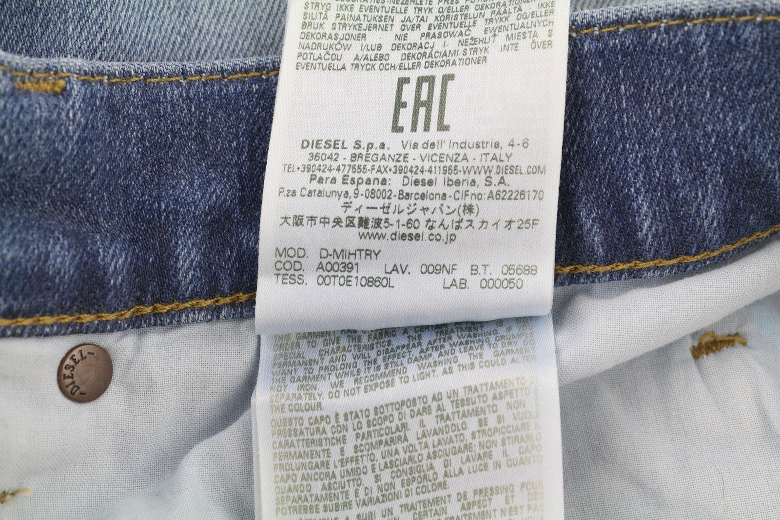 DIESEL D-Mihtry 009NF vyriški džinsai W32/L30 mėlyni, tiesūs, skalbti, tamprūs su sagomis 