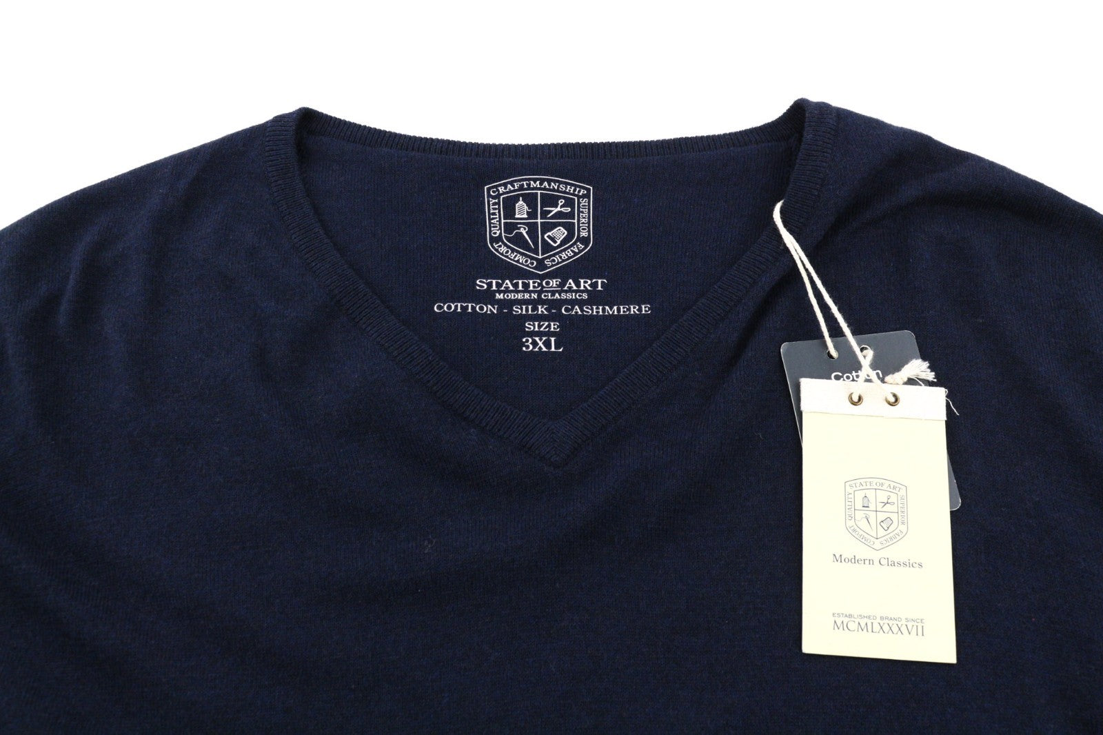 STATE OF ART Men's 3XL Navy Silk Cotton Cashmere V-Neck Knit Pullover