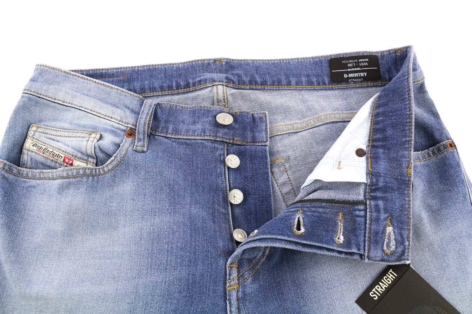 DIESEL D-Mihtry 009NF vyriški džinsai W31/L30 mėlyni, tiesaus kirpimo, tamprūs su sagomis 