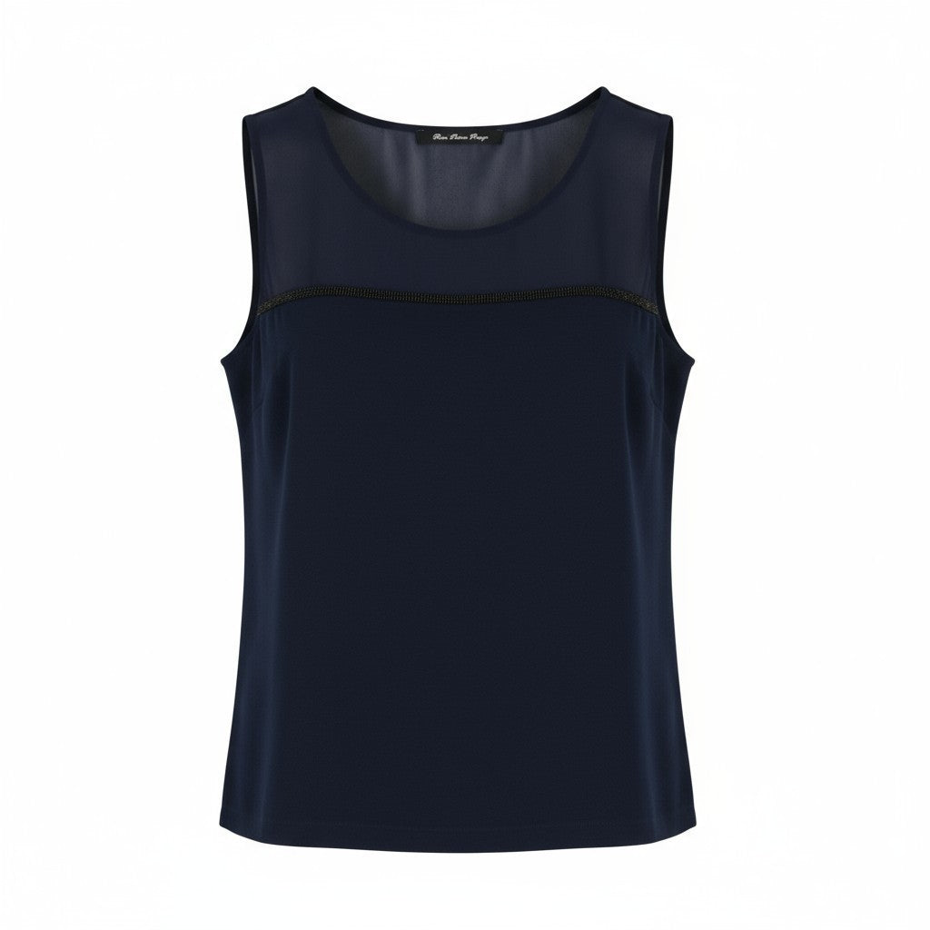 BLEU BLANC ROUGE Women's 38 Navy Stretch Sleeveless Round Neck Detailed Top