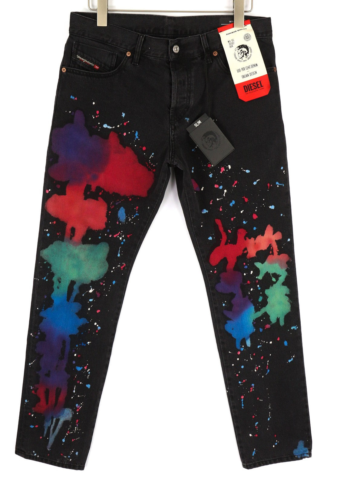 DIESEL D-Kras 009QV Men's Jeans W32/L30 Black Slim Fit Paint Art Button RRP420