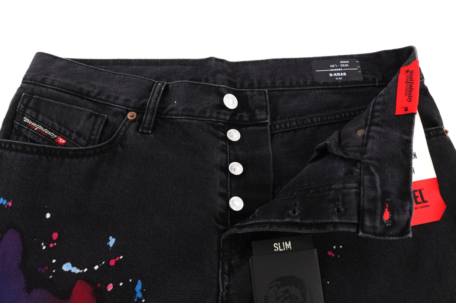 DIESEL D-Kras 009QV Men's Jeans W32/L30 Black Slim Fit Paint Art Button RRP420