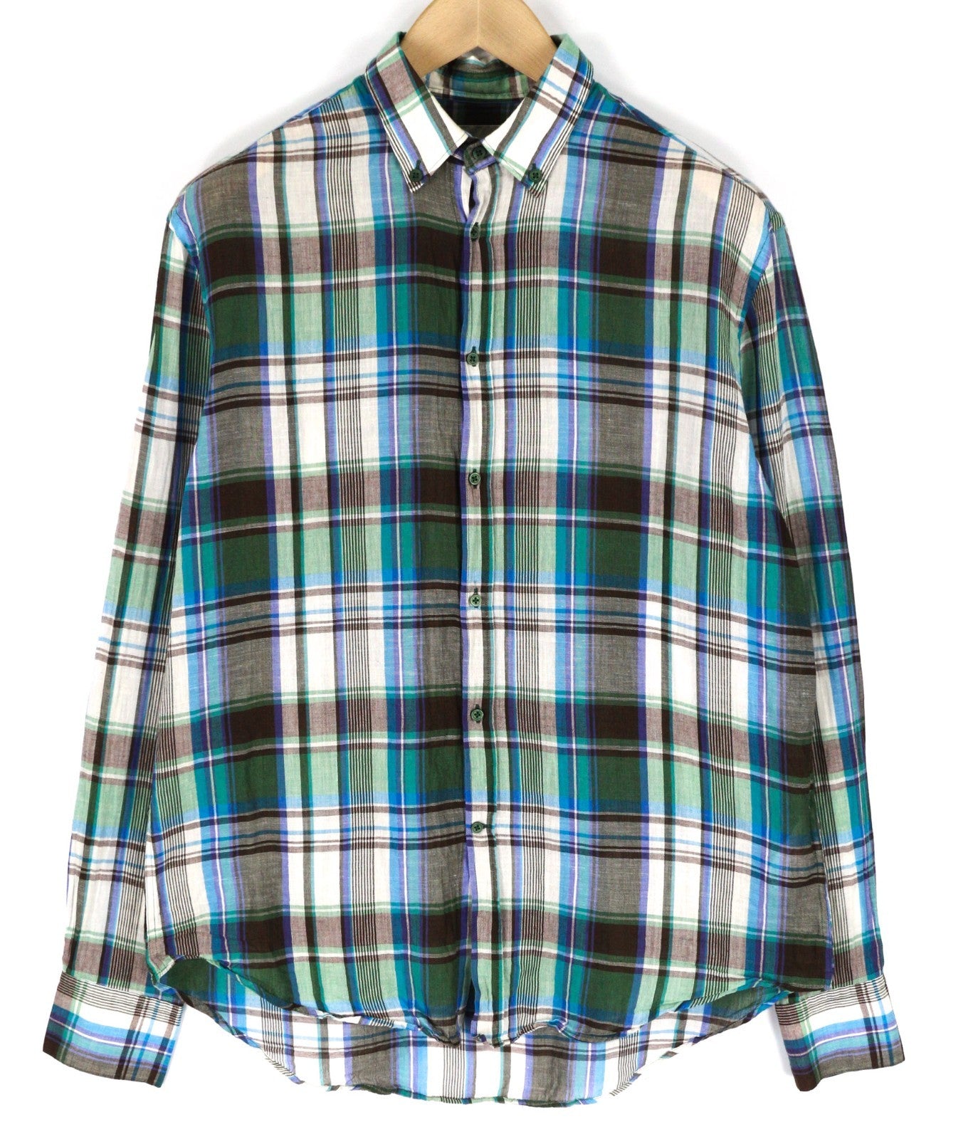 ACNE Men's 48 Green Blue Checked Cotton Linen Long Sleeve Shirt
