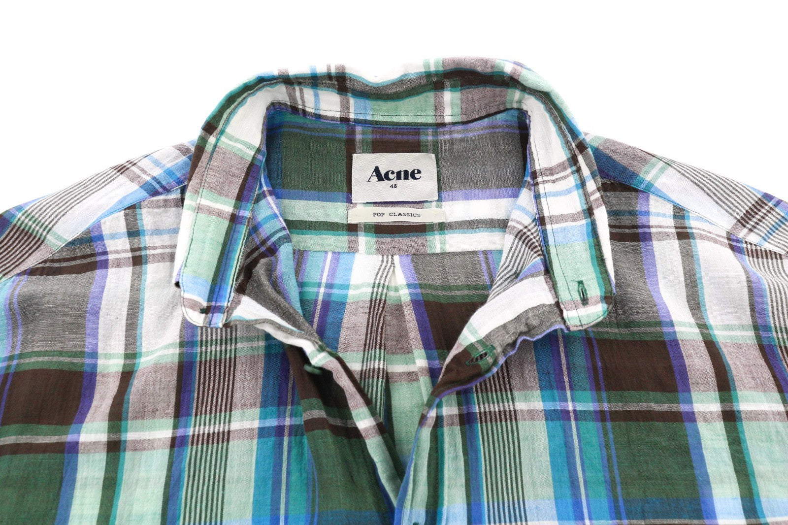 ACNE vyriški 48 žali mėlyni languoti medvilniniai lininiai marškinėliai ilgomis rankovėmis 