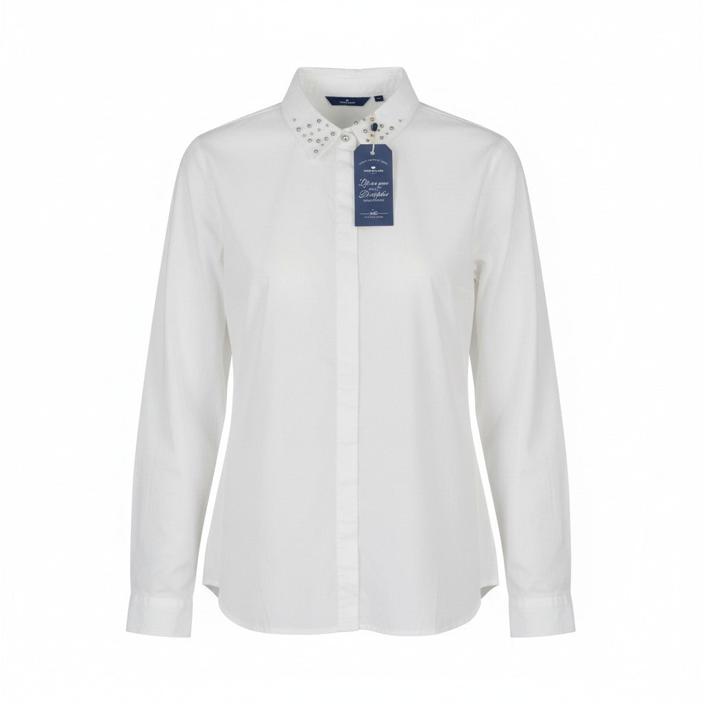 TOM TAILOR Women's 40 White Cotton Long Sleeve Shirt Pearl Detailed Collar