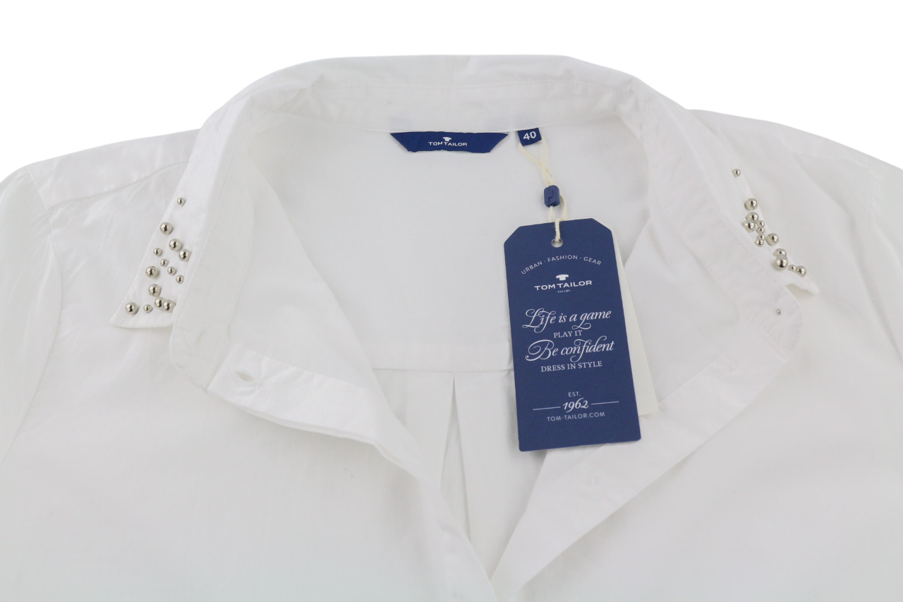 TOM TAILOR Women's 40 White Cotton Long Sleeve Shirt Pearl Detailed Collar