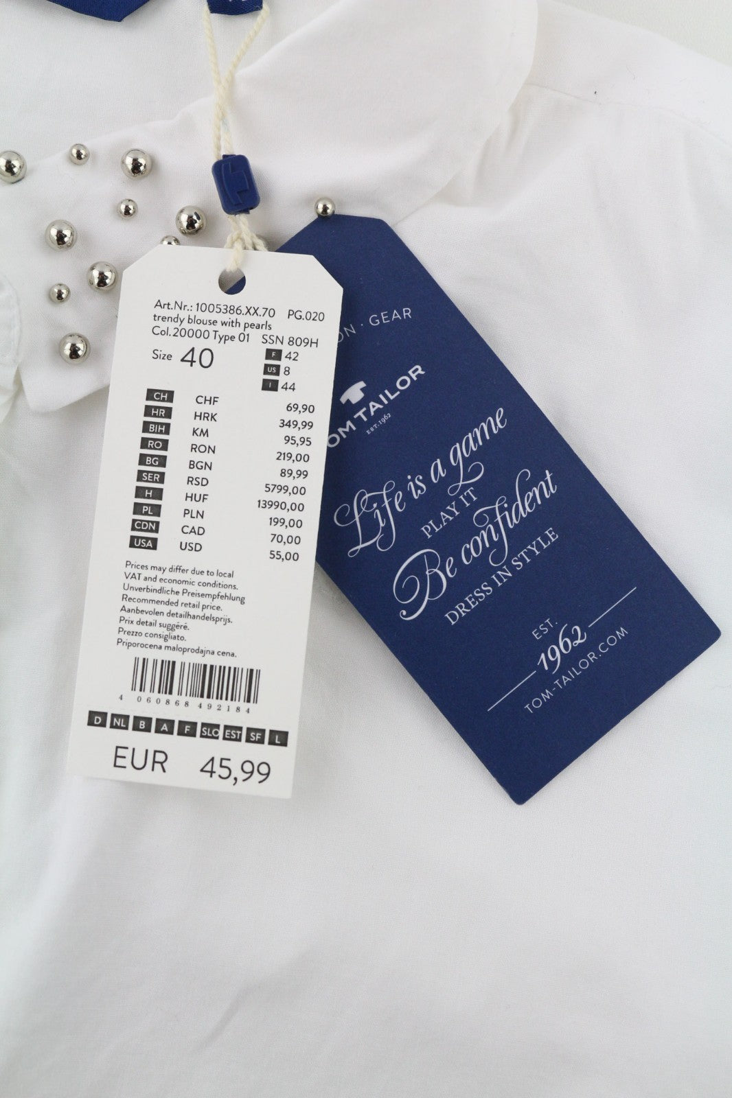 TOM TAILOR Women's 40 White Cotton Long Sleeve Shirt Pearl Detailed Collar