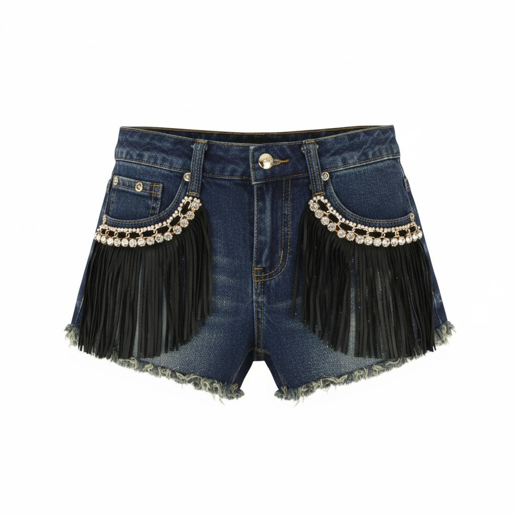 SPARKLE Women's 1 Blue Denim Fringe Cut Out Summer Casual Shorts