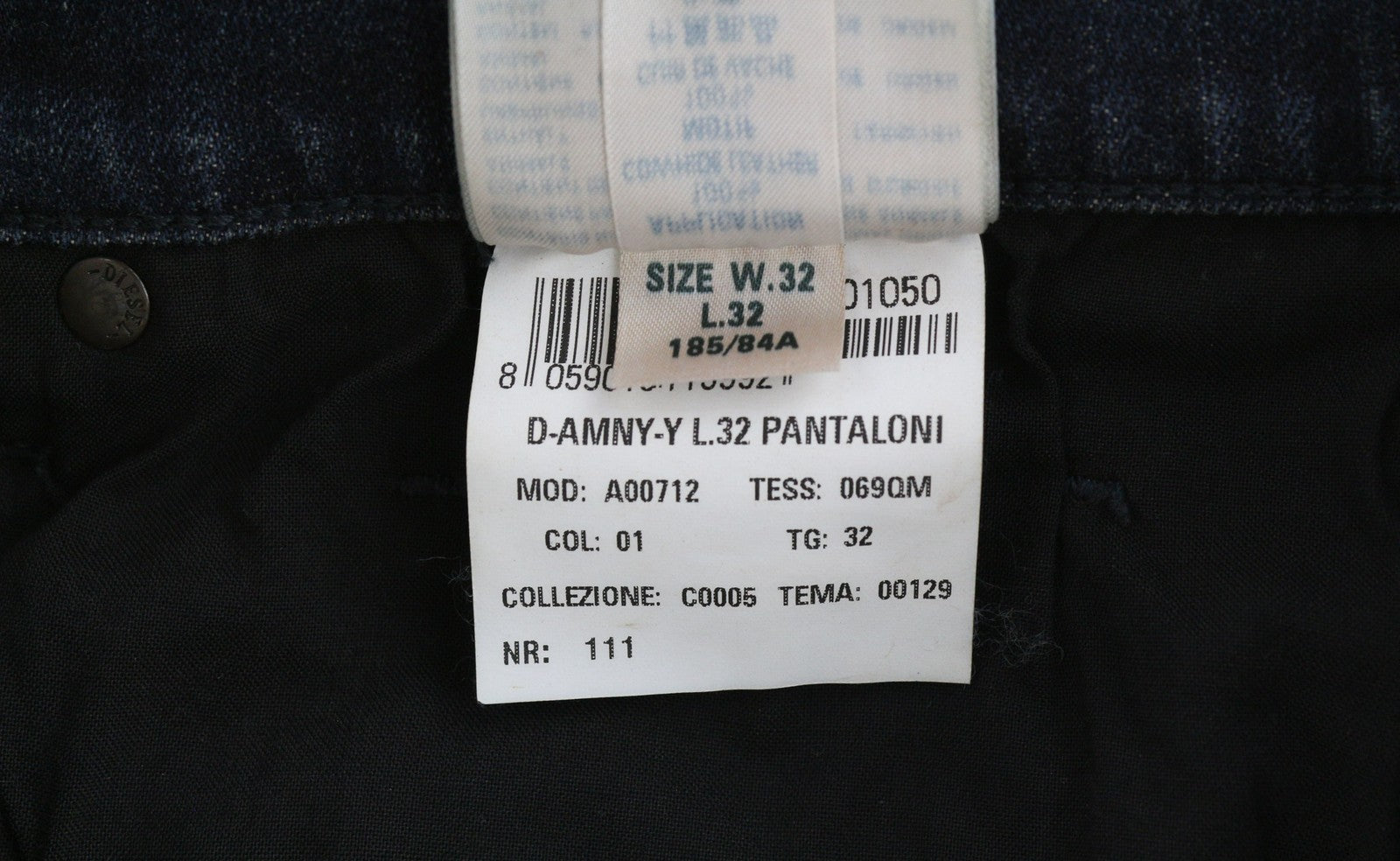 DIESEL D-Amny 069QM vyriški džinsai W32/L32 tamsūs, skalbti, aptempti, tamprūs, su užtrauktuku 