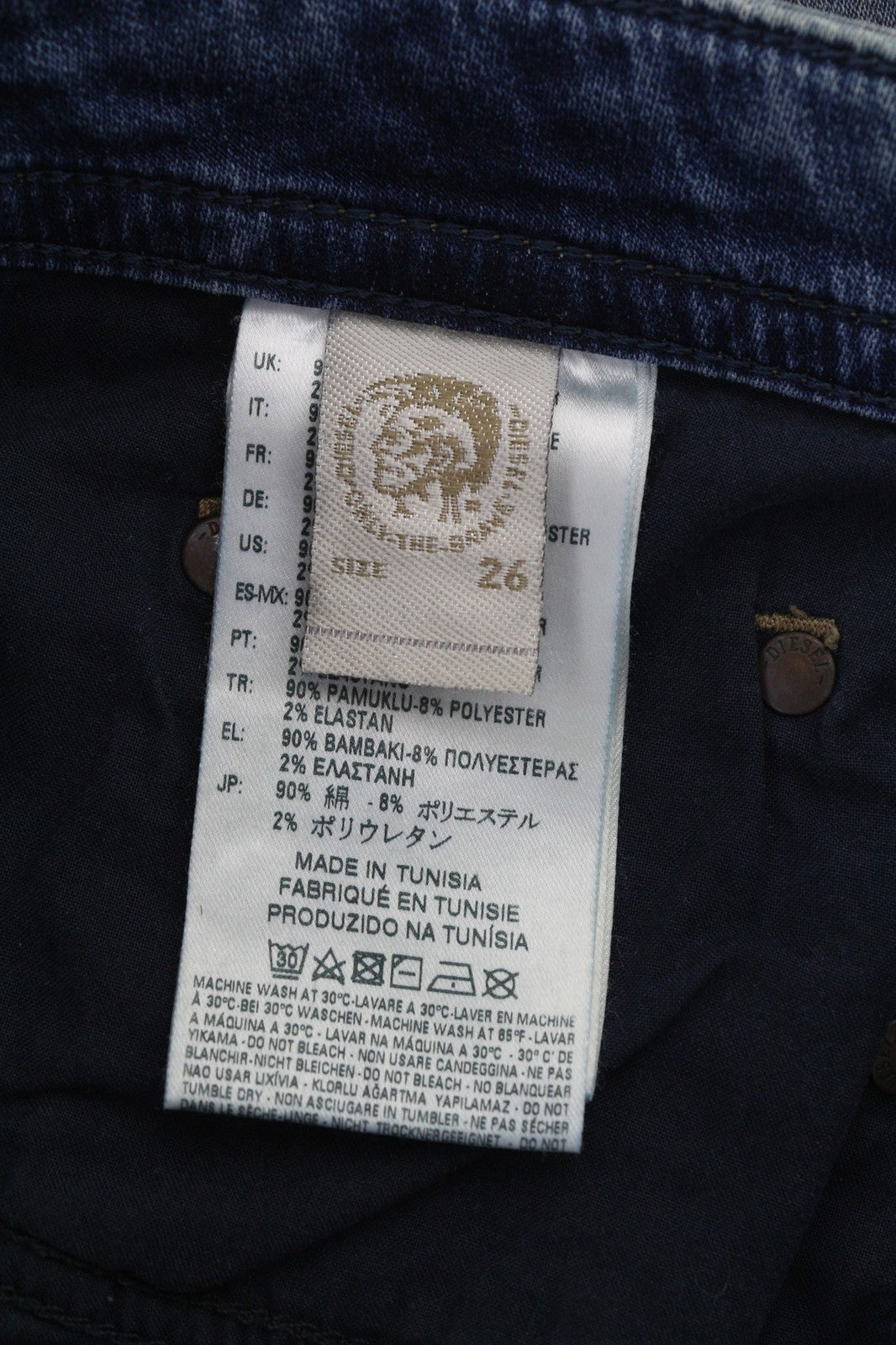 DIESEL Thavar-Ne 084CZ vyriški džinsai W26 Jogg Sweat Slim Fit su skalbtais užtrauktukais, mėlyni 