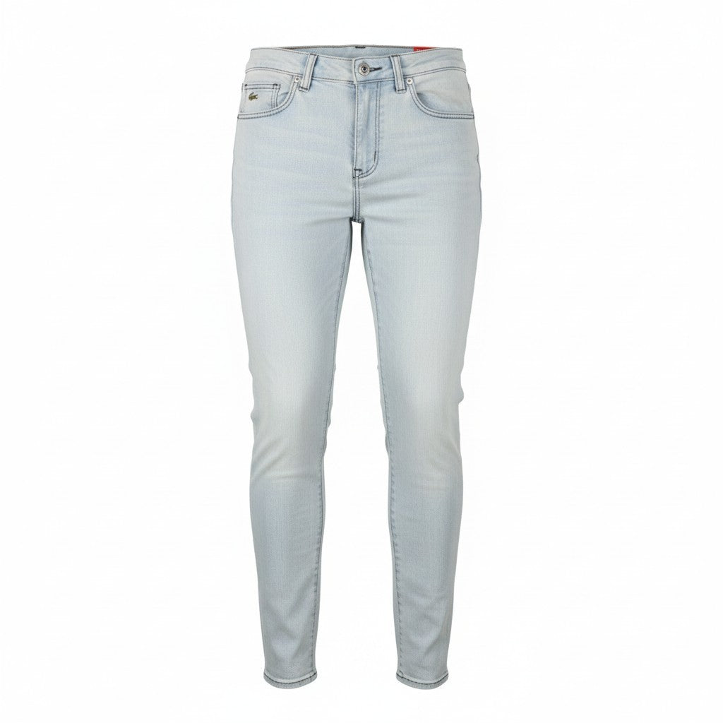 LACOSTE HF2897 moteriški W30 mėlyni skalbtos medvilnės tamprūs ploni siaurėjantys džinsai 