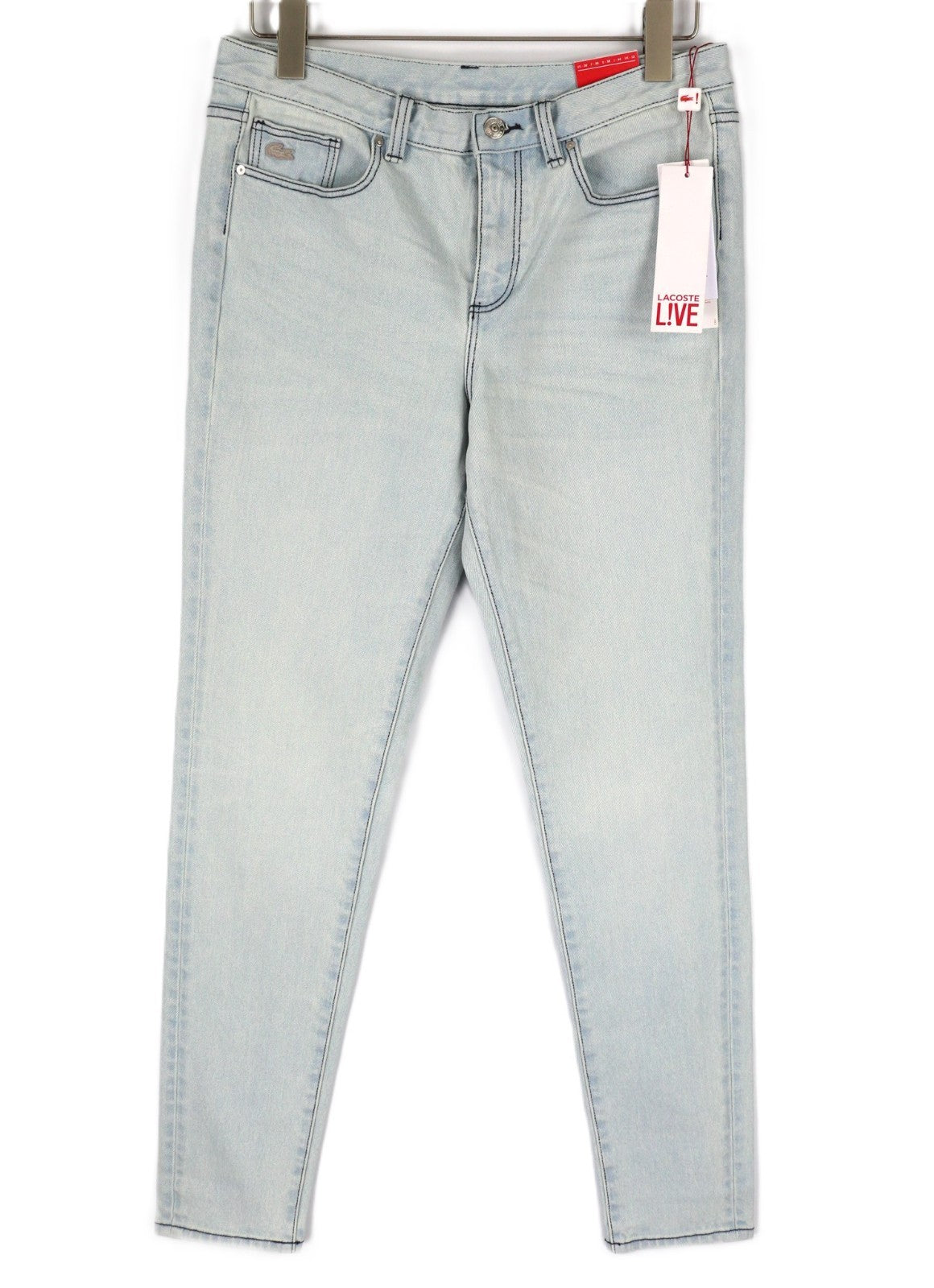 LACOSTE HF2897 moteriški W30 mėlyni skalbtos medvilnės tamprūs ploni siaurėjantys džinsai 