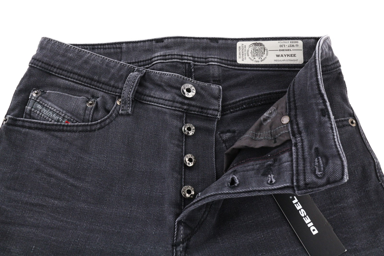 DIESEL Waykee 0859X vyriški džinsai W27/L30 tamsiai tiesūs, įprasti, tamprūs, su sagomis 