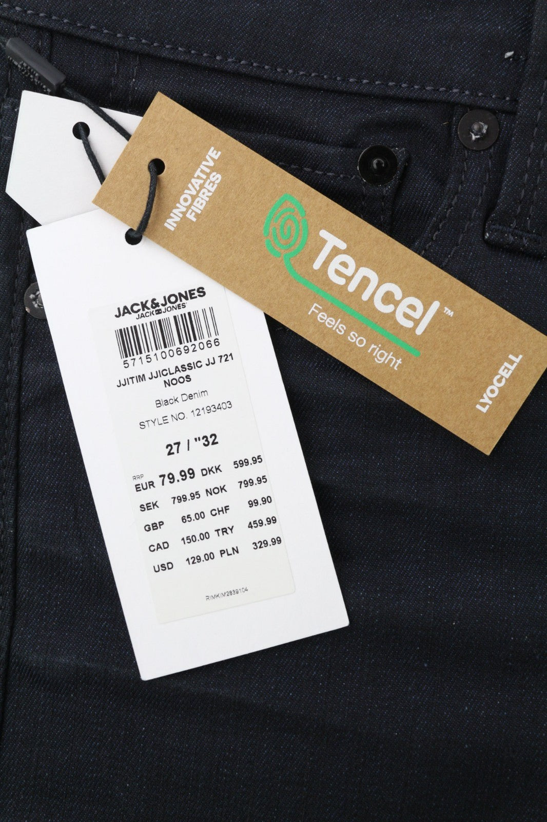 JACK & JONES Tim Men's W27/L32 Black Cotton Stretch Slim Straight Button Jeans