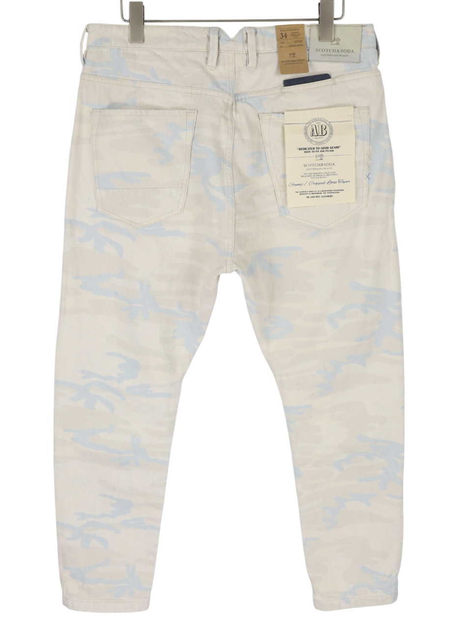 SCOTCH &amp; SODA Stump vyriški W34 pilki medvilniniai laisvi siaurėjantys trumpinti raštuoti džinsai 