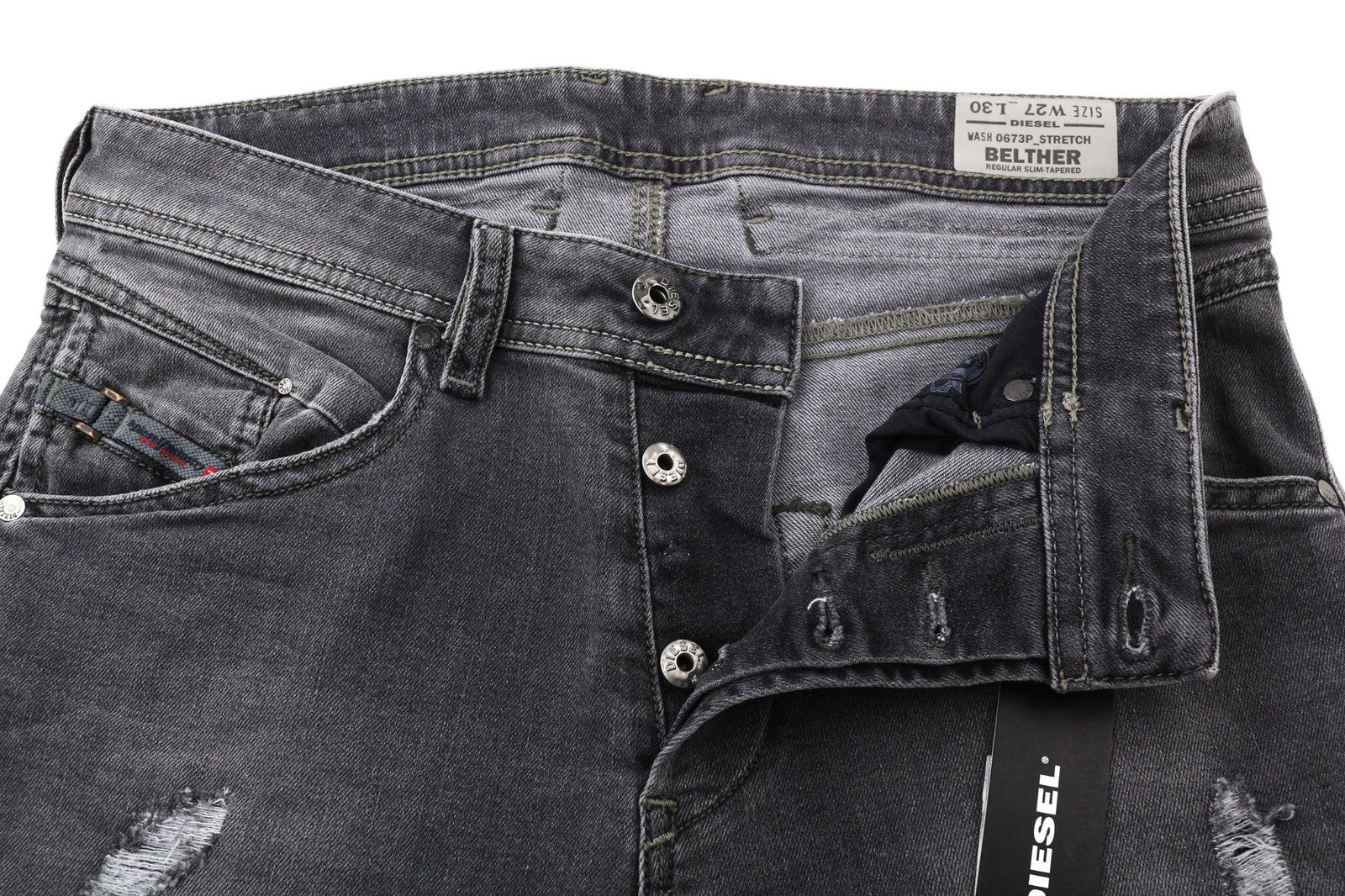 DIESEL Belther 0673P Men's Jeans W27/L30 Slim Taper Distressed Buttoned