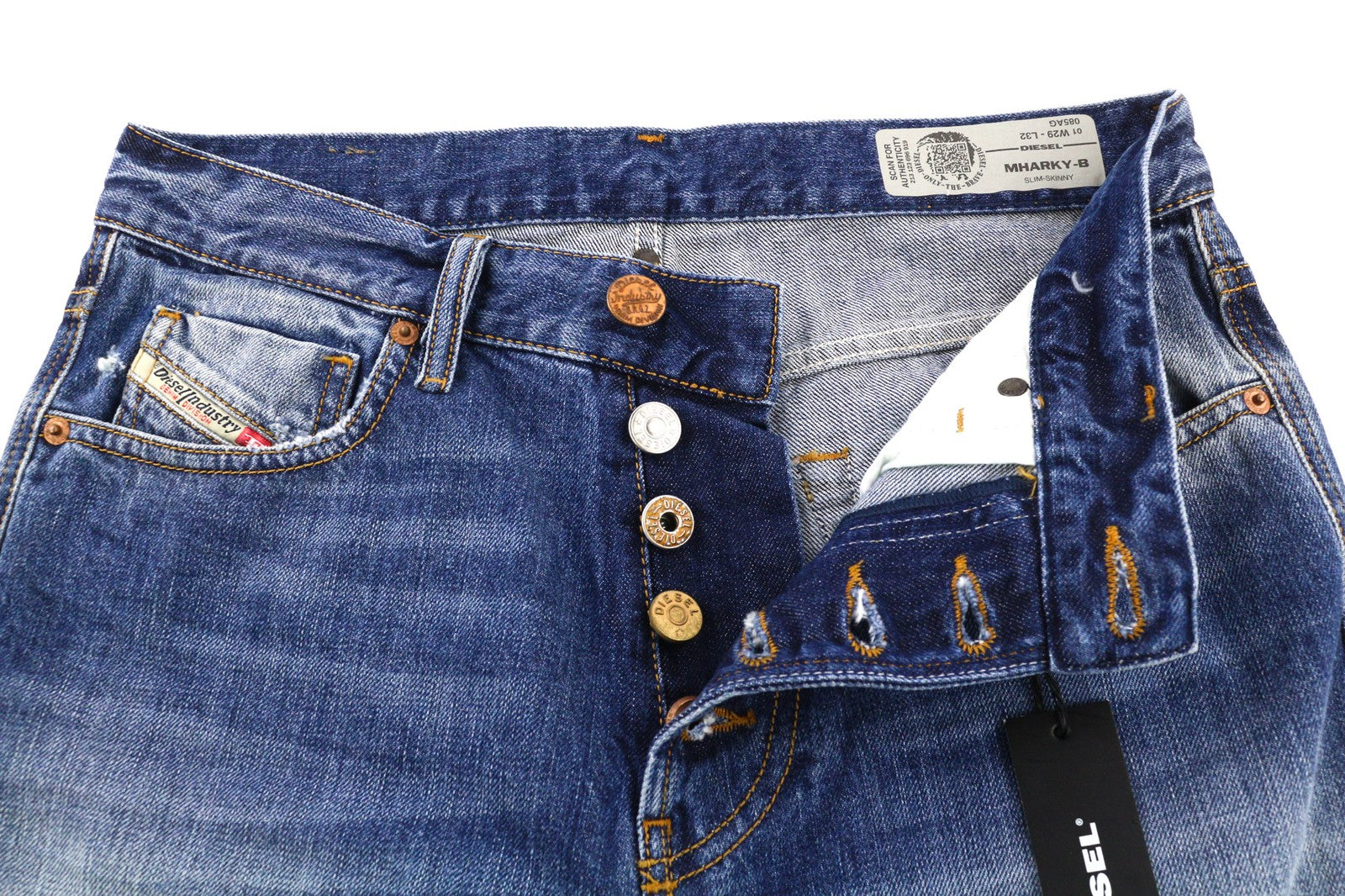 DIESEL Mharky-B 085AG Men's W29/L32 Blue Washed Slim Skinny Pure Cotton Jeans