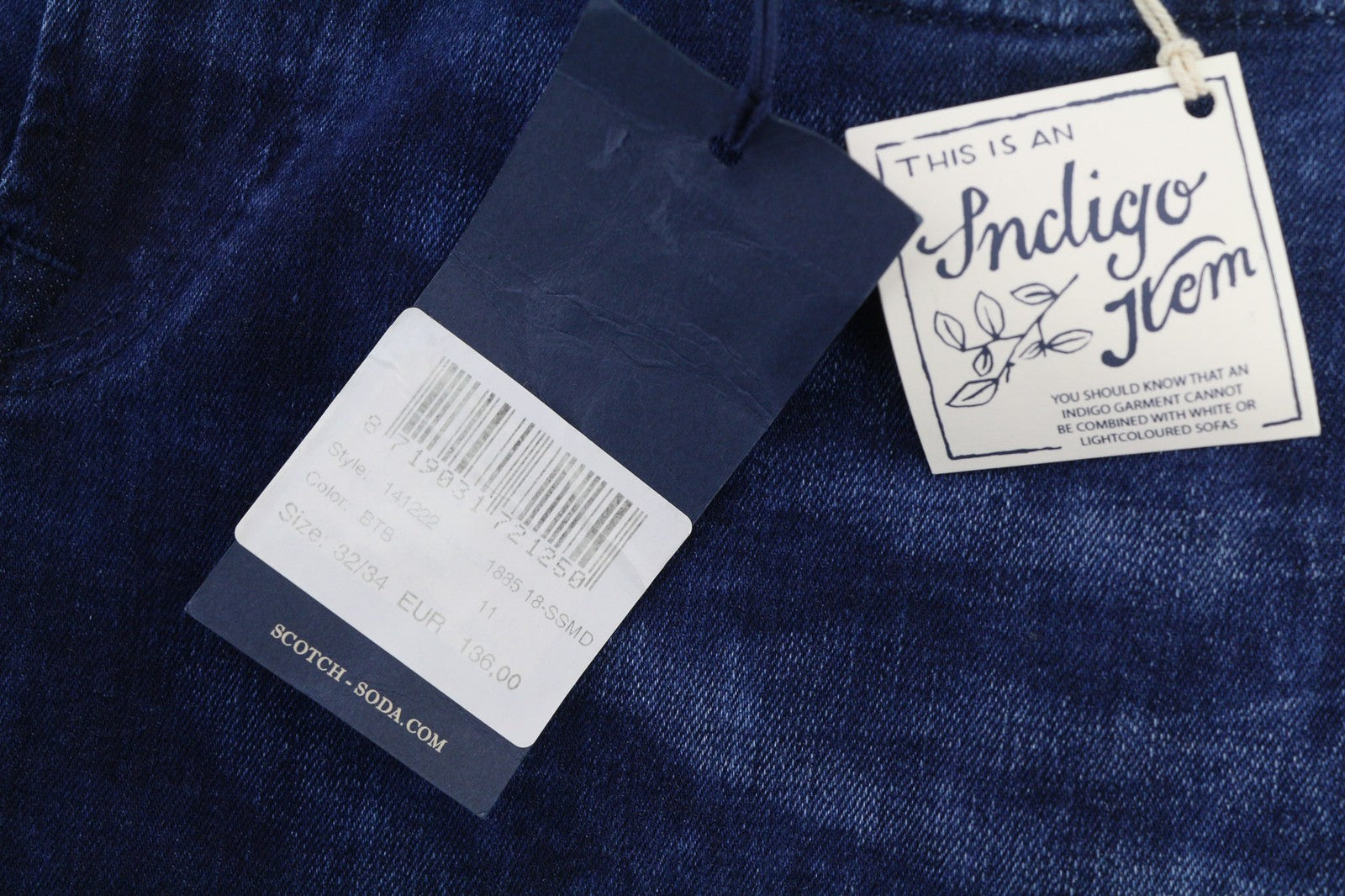 SCOTCH &amp; SODA Tye vyriški W32/L34 mėlyni skalbtos medvilnės tamprūs ploni morkų rašto džinsai 