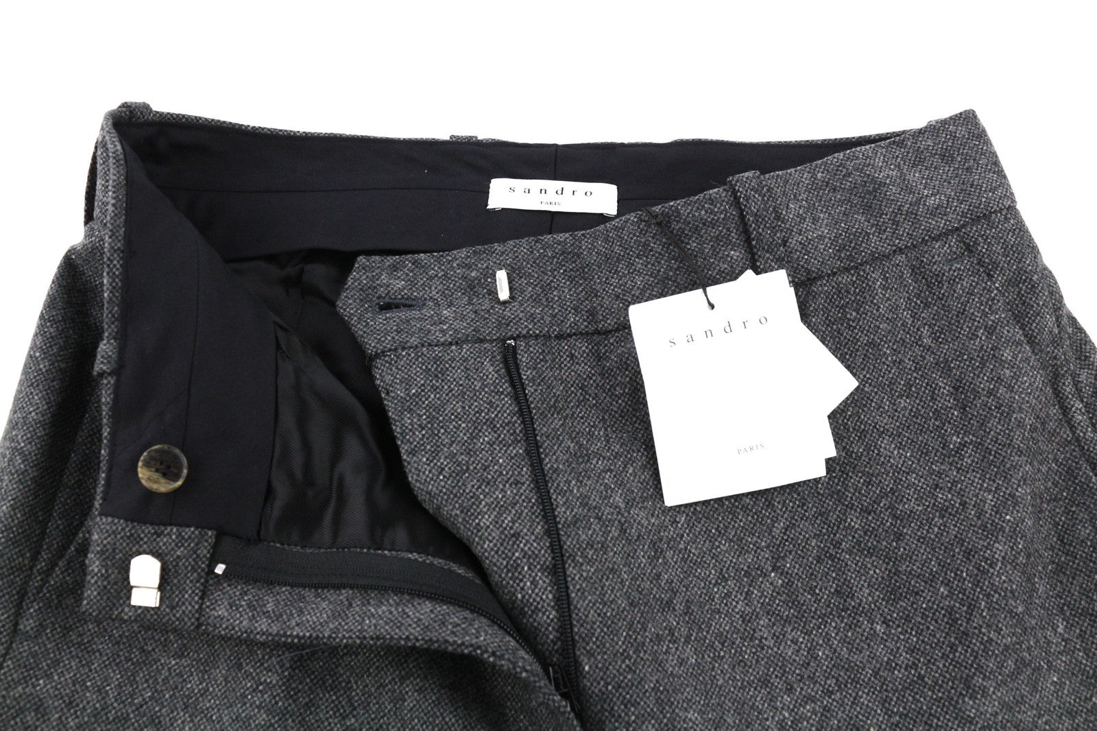 SANDRO Loi Gris Women's Trousers 36 Melange Wool Blend Zipped Slim Taper RRP225