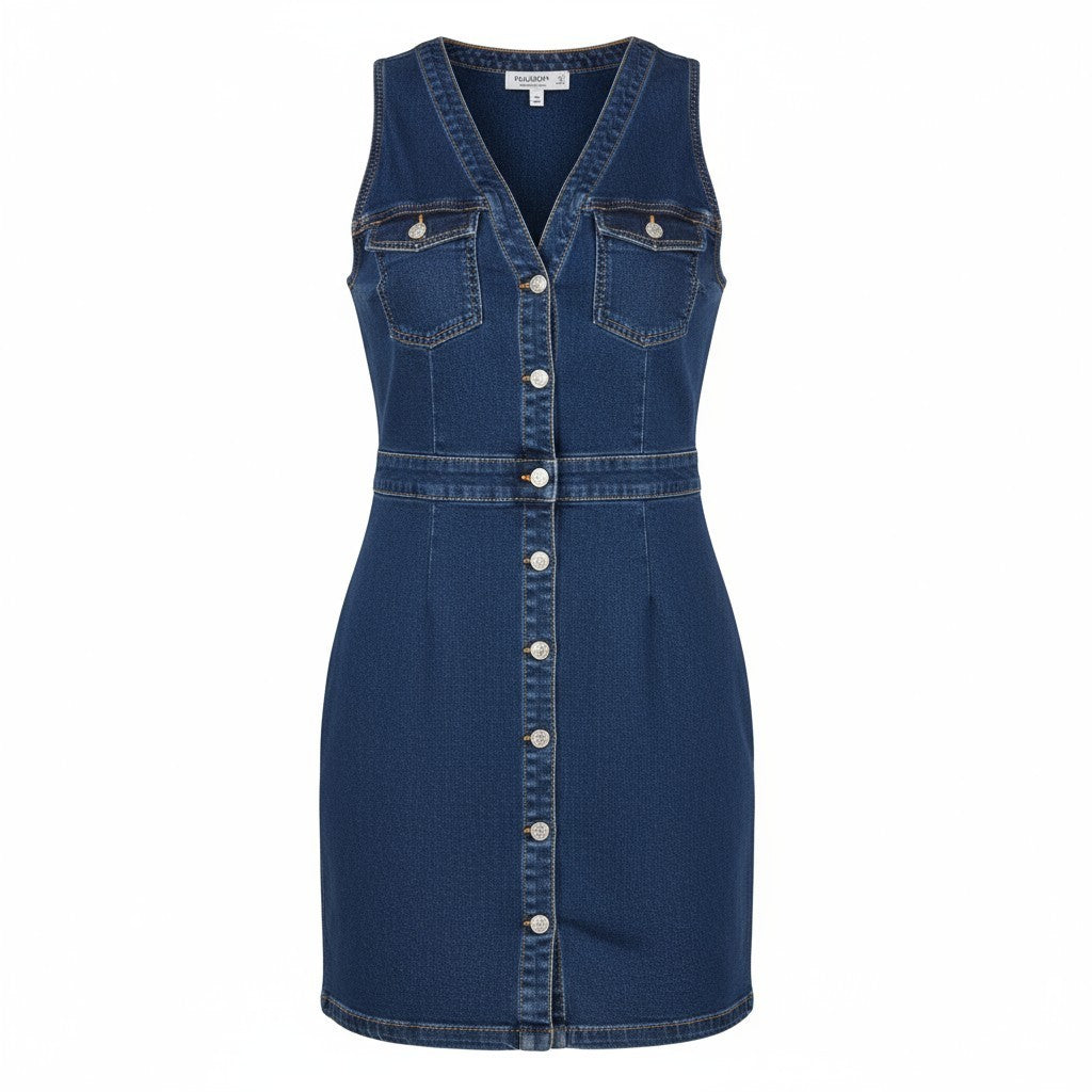 PULL&BEAR Women's Dress L Blue Denim Sleeveless V-Neck Button Pocket Short