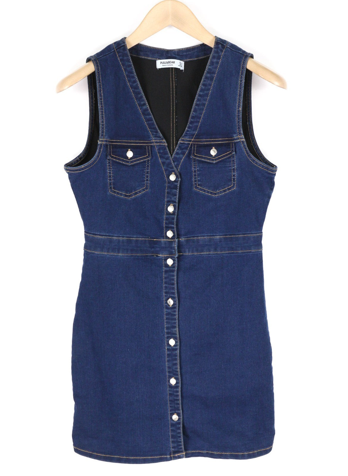 PULL&BEAR Women's Dress L Blue Denim Sleeveless V-Neck Button Pocket Short