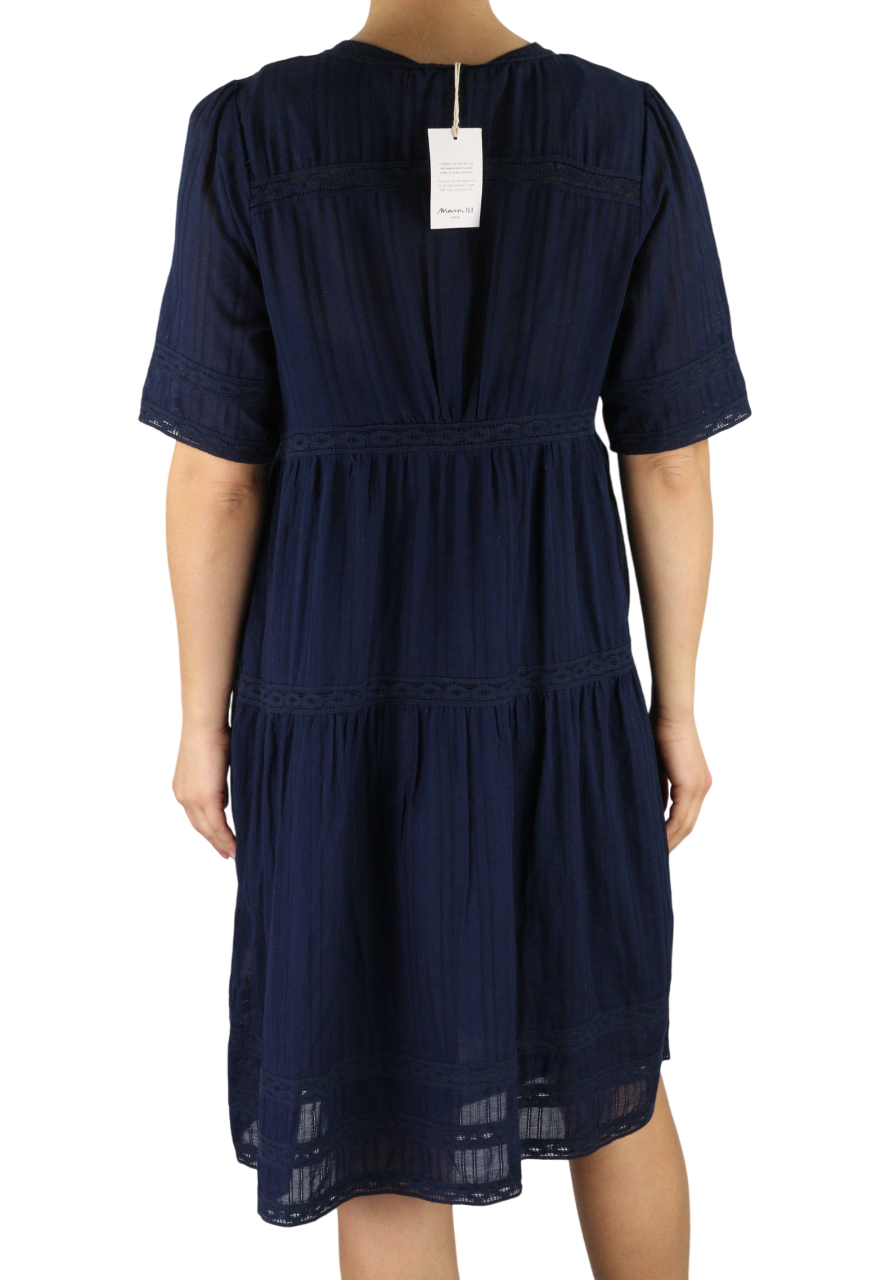 MAISON 123 Corelia R Guip Women's Dress 42 Dark Blue Short Sleeve 1/4 Button