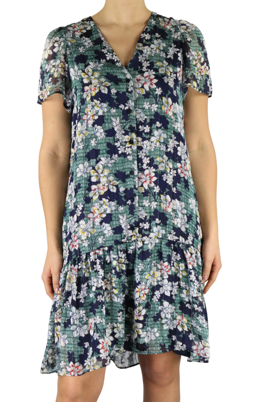 LA FE MARABOUTE Women's Dress 38 Floral V-Neck Short Sleeve 1/4 Button Short