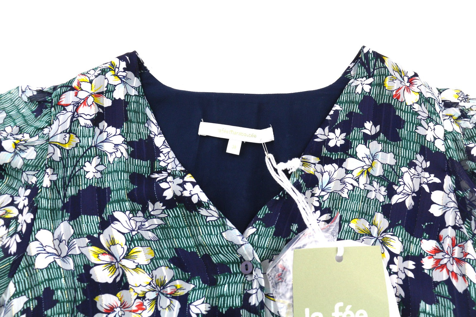 LA FE MARABOUTE Women's Dress 38 Floral V-Neck Short Sleeve 1/4 Button Short