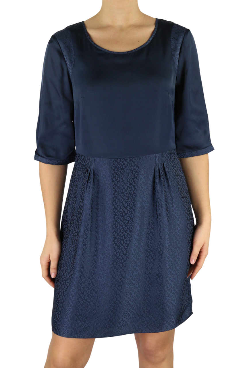 ONE STEP Ikks Women's Dress 38 Dark Blue Silk Blend 3/4 Sleeve Zip Print Style