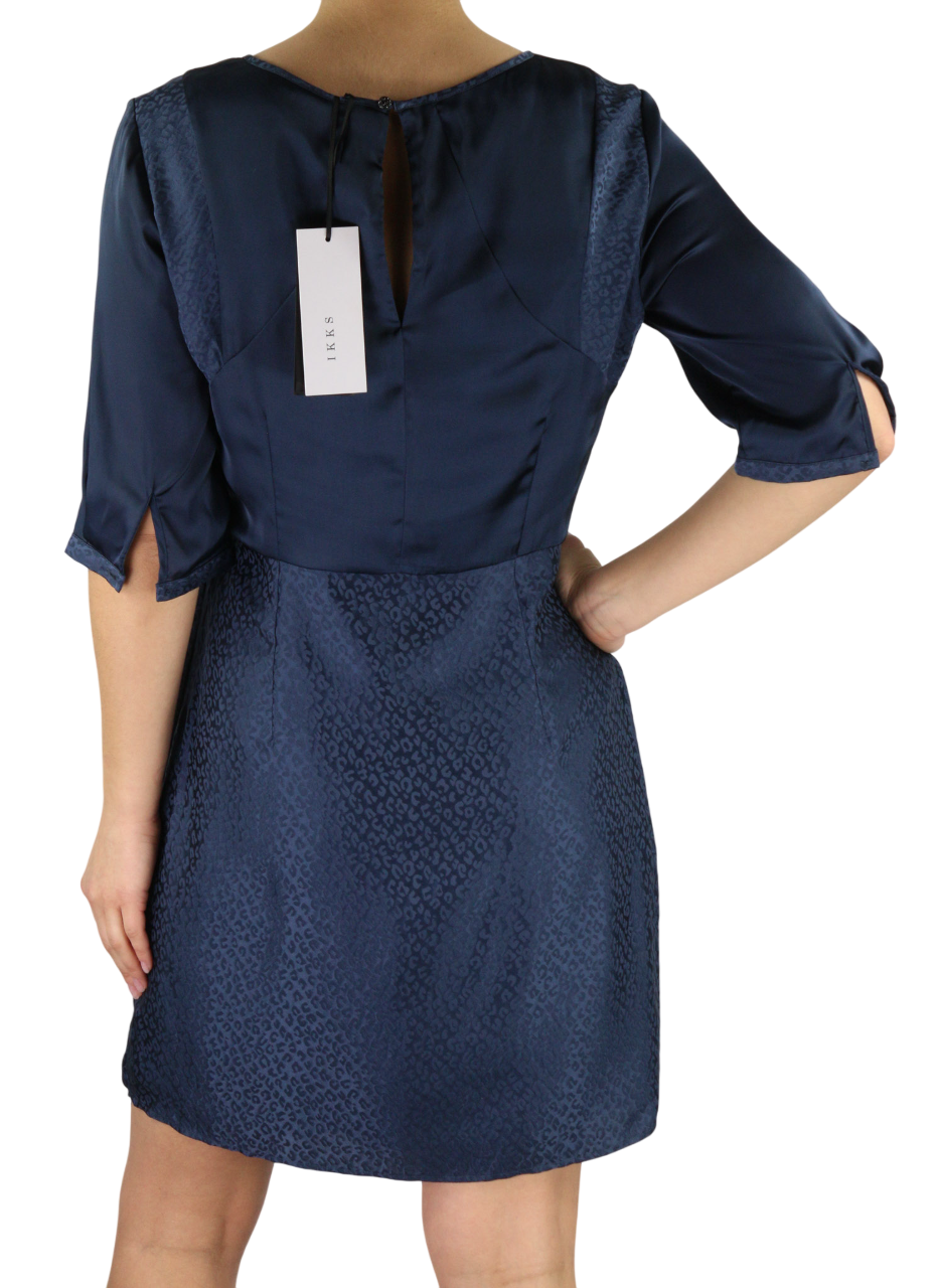 ONE STEP Ikks Women's Dress 38 Dark Blue Silk Blend 3/4 Sleeve Zip Print Style