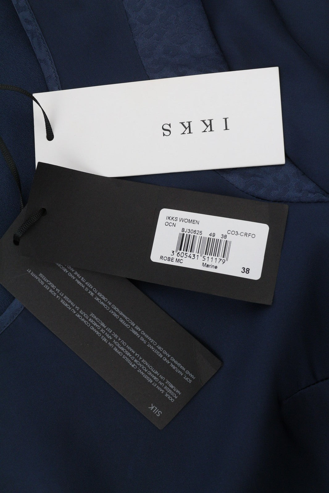 ONE STEP Ikks Women's Dress 38 Dark Blue Silk Blend 3/4 Sleeve Zip Print Style