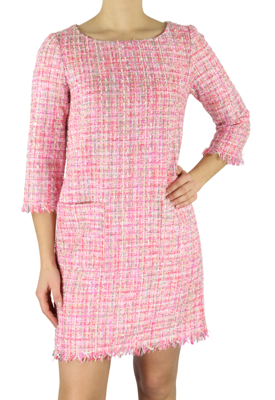 GUGLIELMO CAPONE Women's Dress ~S Tweed 3/4 Sleeve Crew Neck Pocket Short Print