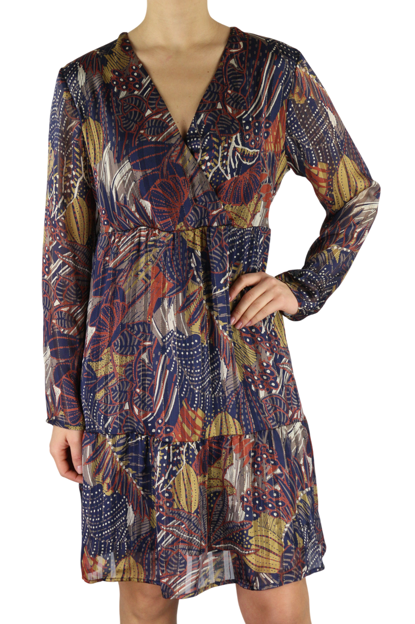 LA FE MARABOUTE Women's Dress 38 Printed Long Sleeve V-Neck Elastic Waist